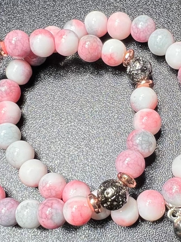 Pink White Marbled Glass Silver Bead Feminine Stretch Set Of 2 Bracelets